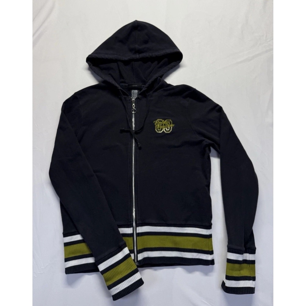 vtg Harley‎ Davidson Hoodie Full Zip Black green rib trim logo Brazil Womens XL